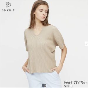 UNIQLO Tan/Beige V Neck 3D Ribbed Cotton Short Sleeve Sweater Top XS | NWT